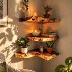 Live Edge Corner Floating Shelf, Thick Solid Wood Corner Shelf with Swirling Grain and Wavy Natural Edge