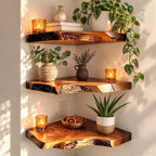 Live Edge Corner Floating Shelf, Thick Solid Wood Corner Shelf with Swirling Grain and Wavy Natural Edge