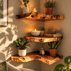 Live Edge Corner Floating Shelf, Thick Solid Wood Corner Shelf with Swirling Grain and Wavy Natural Edge