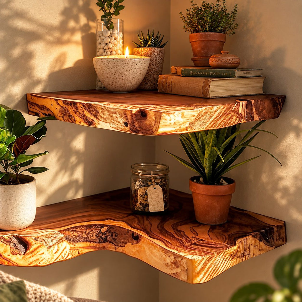 Live Edge Corner Floating Shelf, Thick Solid Wood Corner Shelf with Swirling Grain and Wavy Natural Edge