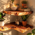 Live Edge Corner Floating Shelf, Thick Solid Wood Corner Shelf with Swirling Grain and Wavy Natural Edge