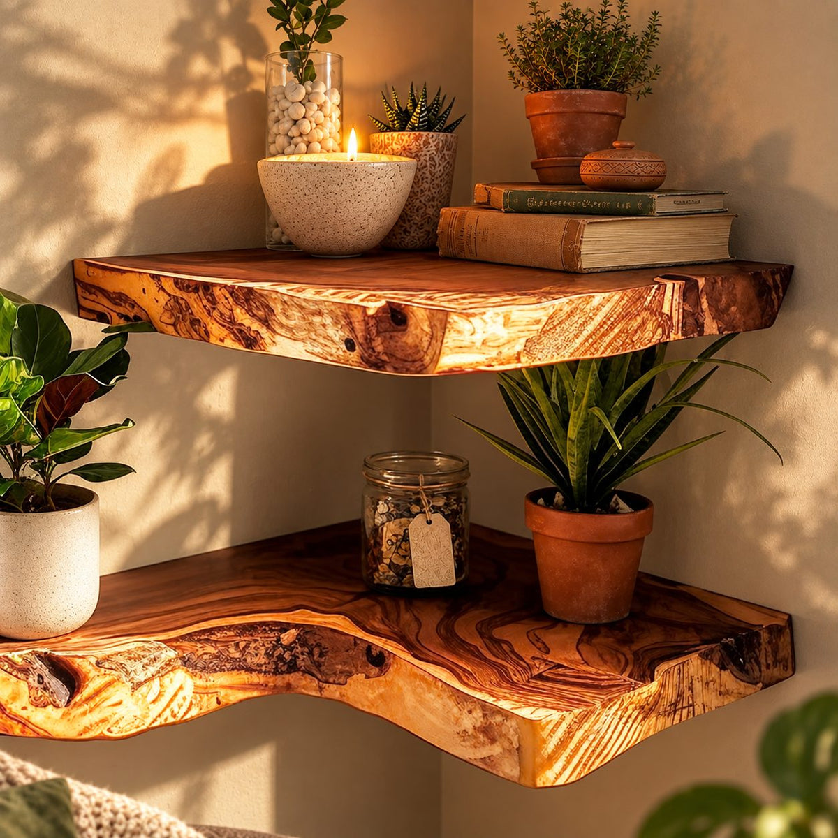 Live Edge Corner Floating Shelf, Thick Solid Wood Corner Shelf with Swirling Grain and Wavy Natural Edge