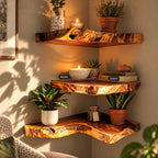 Live Edge Corner Floating Shelf, Thick Solid Wood Corner Shelf with Swirling Grain and Wavy Natural Edge