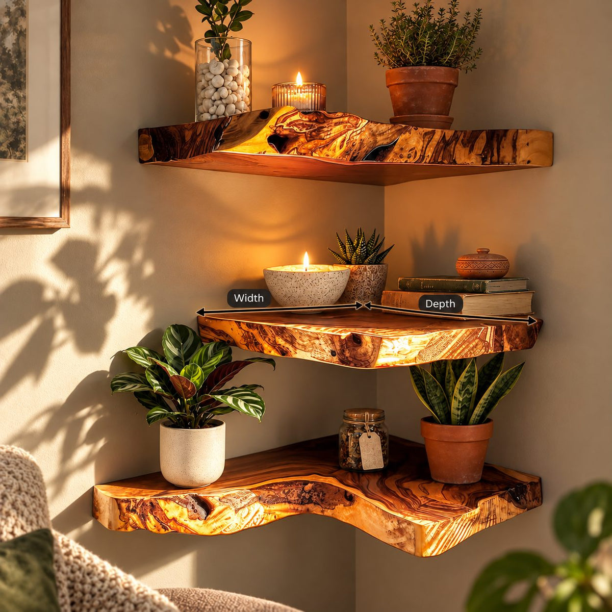 Live Edge Corner Floating Shelf, Thick Solid Wood Corner Shelf with Swirling Grain and Wavy Natural Edge