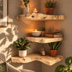 Live Edge Corner Floating Shelf, Thick Solid Wood Corner Shelf with Swirling Grain and Wavy Natural Edge