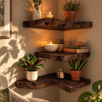 Live Edge Corner Floating Shelf, Thick Solid Wood Corner Shelf with Swirling Grain and Wavy Natural Edge