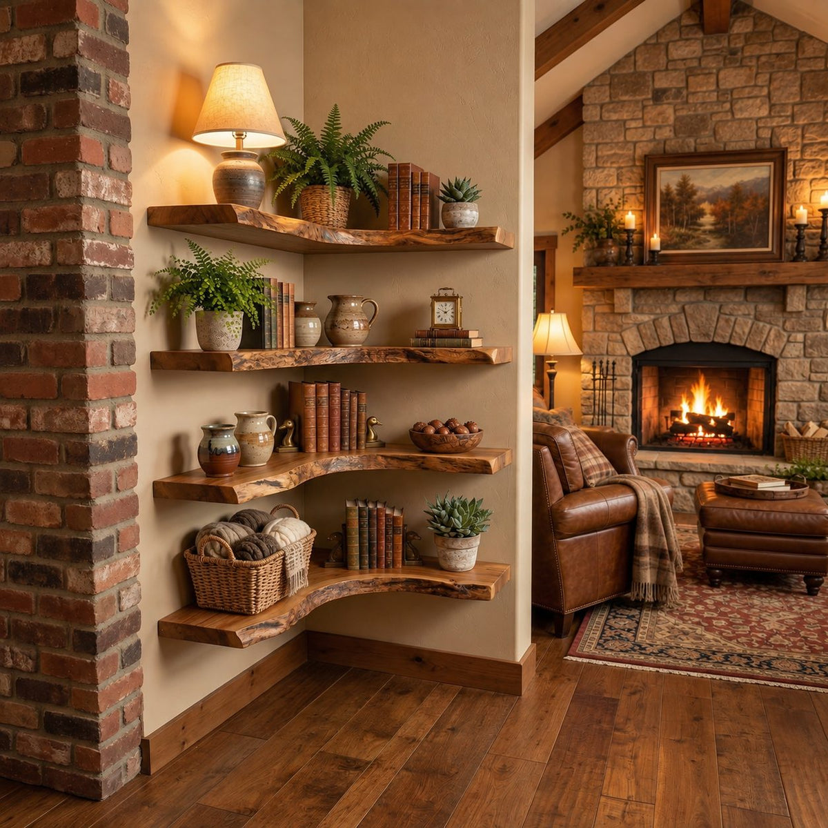 Corner Floating Shelf, Live Edge Solid Wood Wall Corner Shelf with Long Wavy Organic Edge for Living Room