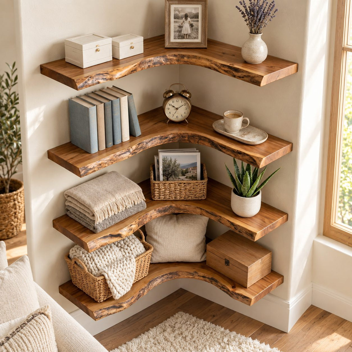 Corner Floating Shelf, Live Edge Solid Wood Wall Corner Shelf with Long Wavy Organic Edge for Living Room