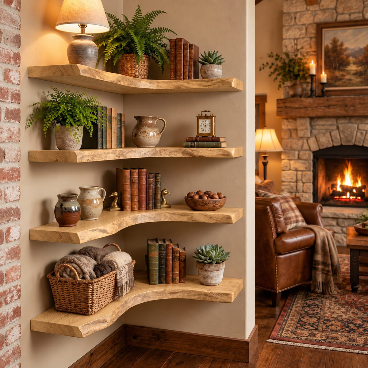 Corner Floating Shelf, Live Edge Solid Wood Wall Corner Shelf with Long Wavy Organic Edge for Living Room
