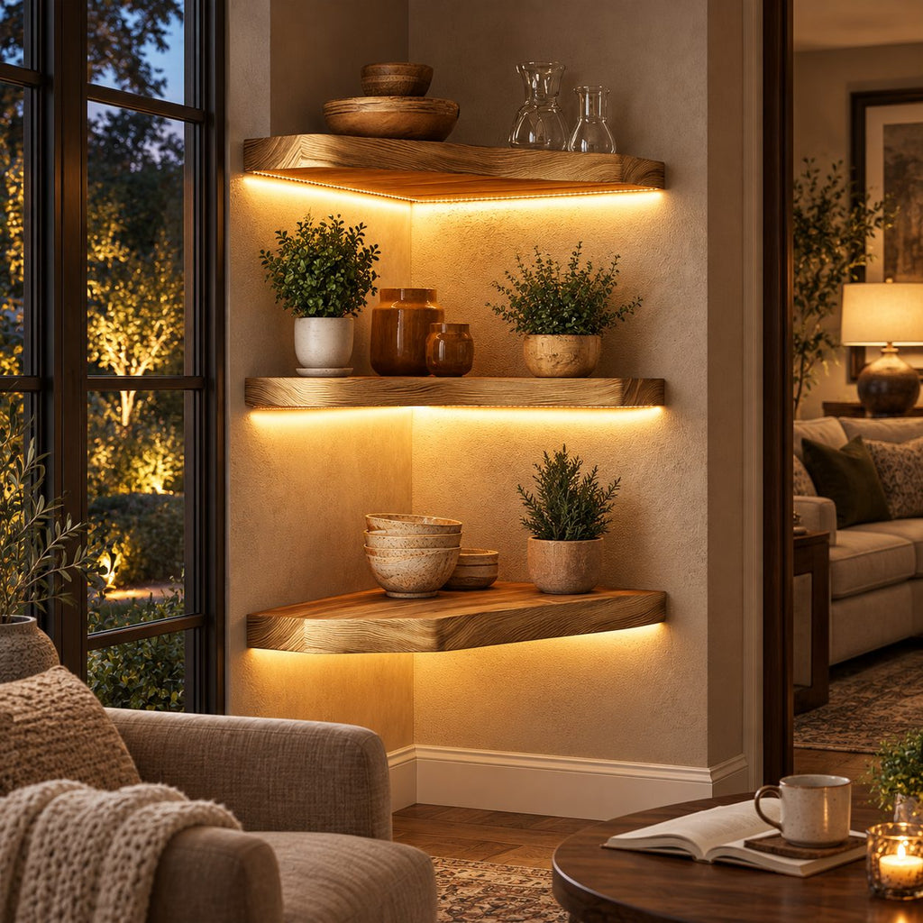 Corner Floating Shelf, Thick Solid Wood Corner Wall Shelf with Soft Rounded Edge, Minimal Layered Display