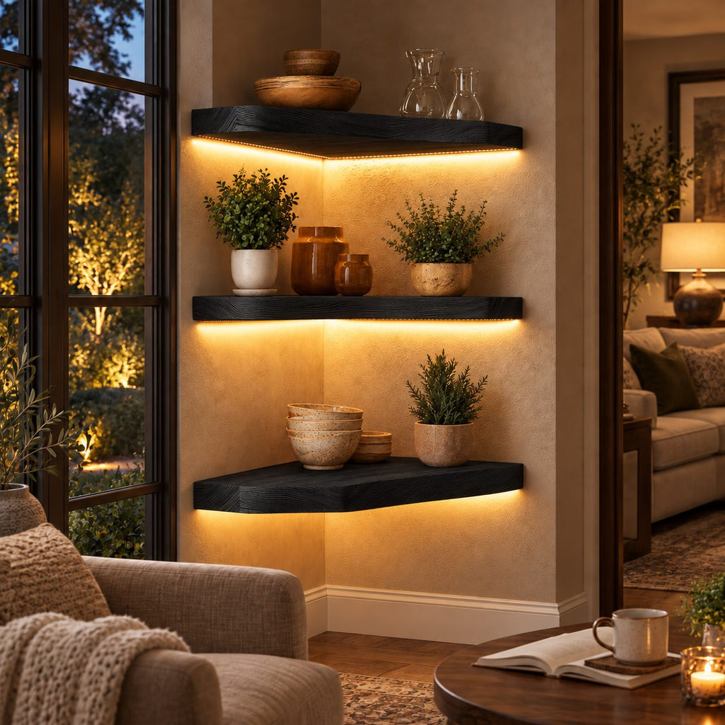 Corner Floating Shelf, Thick Solid Wood Corner Wall Shelf with Soft Rounded Edge, Minimal Layered Display