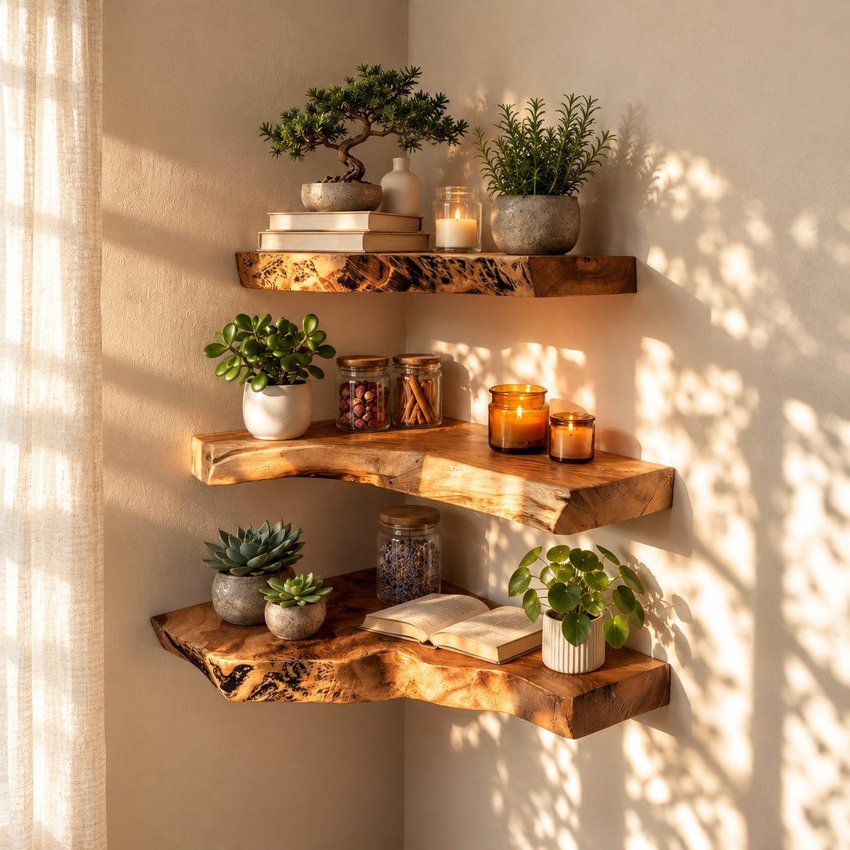 Rustic Corner Floating Shelf, Thick Live Edge Solid Wood Corner Display Shelf for Bathroom and Entryway