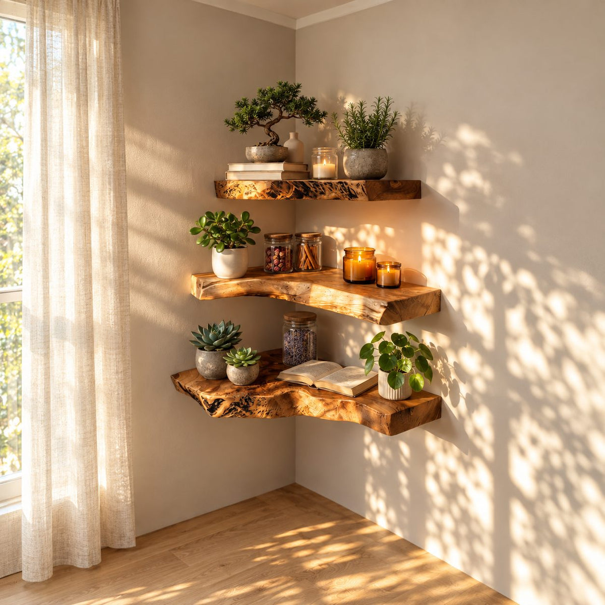 Rustic Corner Floating Shelf, Thick Live Edge Solid Wood Corner Display Shelf for Bathroom and Entryway
