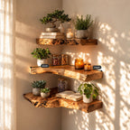 Rustic Corner Floating Shelf, Thick Live Edge Solid Wood Corner Display Shelf for Bathroom and Entryway