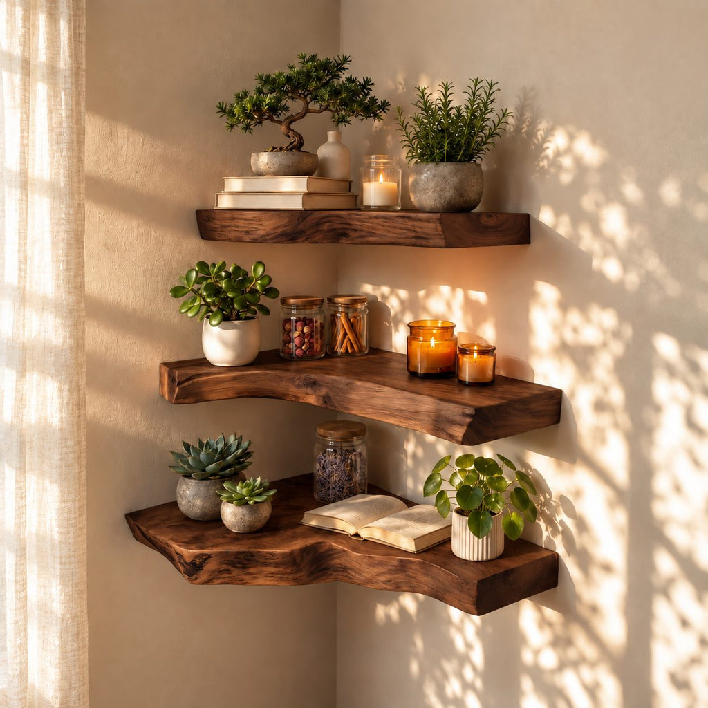 Rustic Corner Floating Shelf, Thick Live Edge Solid Wood Corner Display Shelf for Bathroom and Entryway