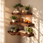 Rustic Corner Floating Shelf, Thick Live Edge Solid Wood Corner Display Shelf for Bathroom and Entryway
