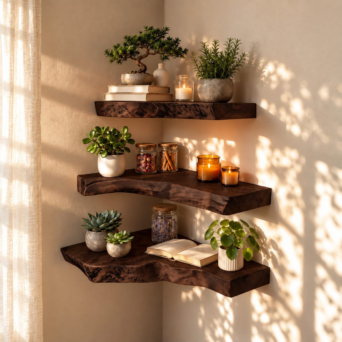 Rustic Corner Floating Shelf, Thick Live Edge Solid Wood Corner Display Shelf for Bathroom and Entryway