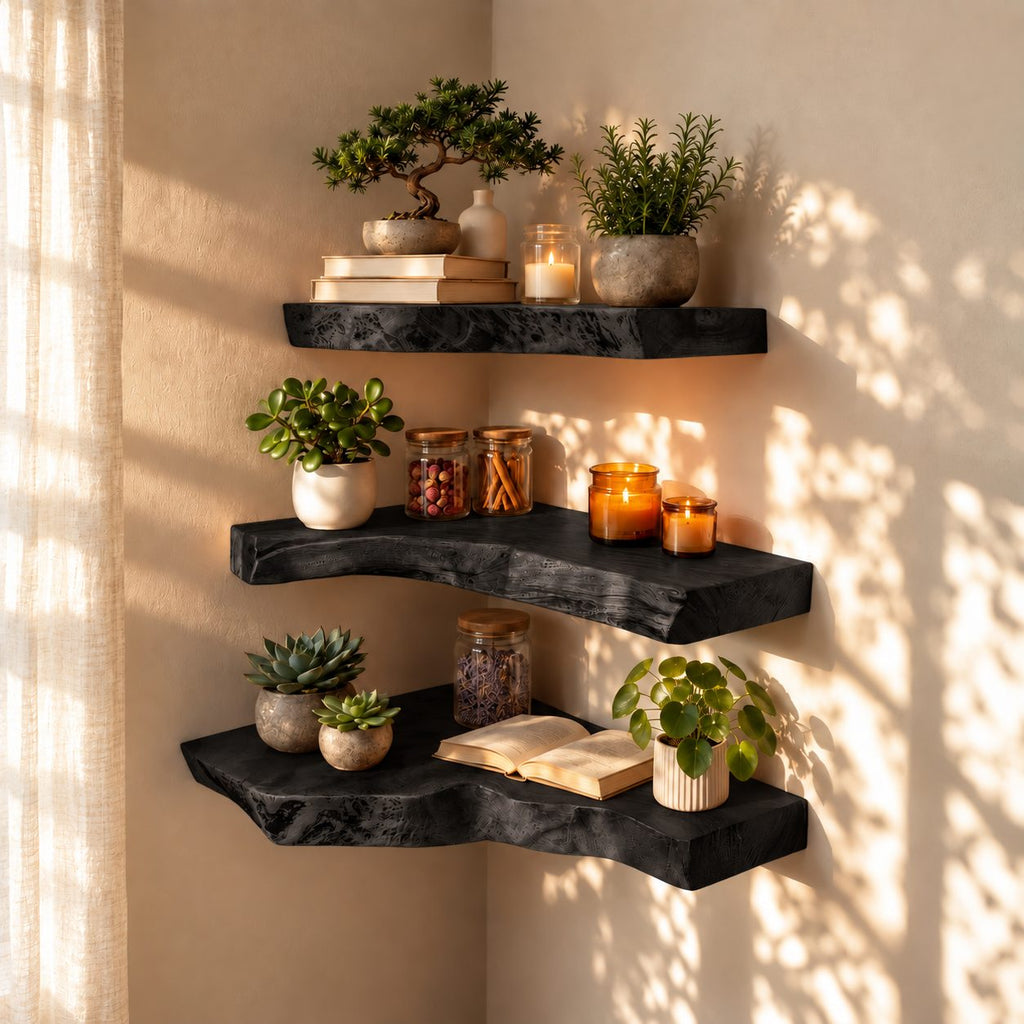 Rustic Corner Floating Shelf, Thick Live Edge Solid Wood Corner Display Shelf for Bathroom and Entryway
