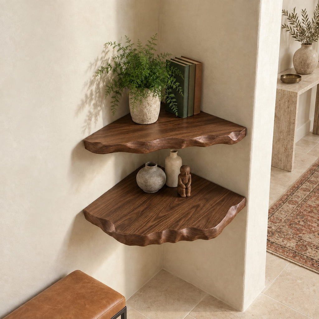 Corner Shelf with Hand Carved Scalloped Edge, Solid Wood Wall Mounted Floating Corner Shelf for Entryway