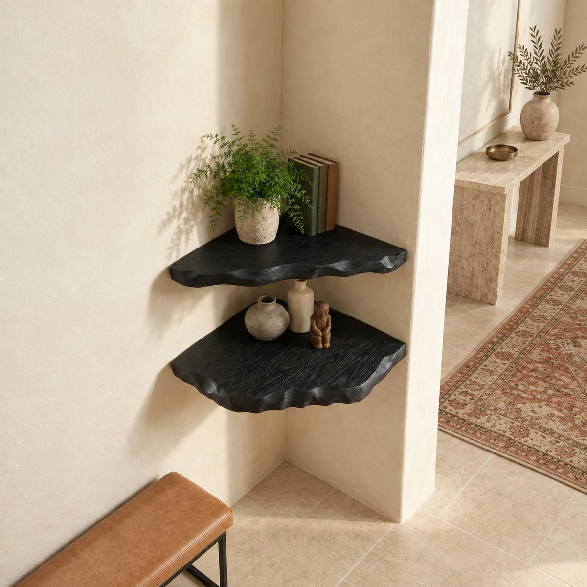Corner Shelf with Hand Carved Scalloped Edge, Solid Wood Wall Mounted Floating Corner Shelf for Entryway