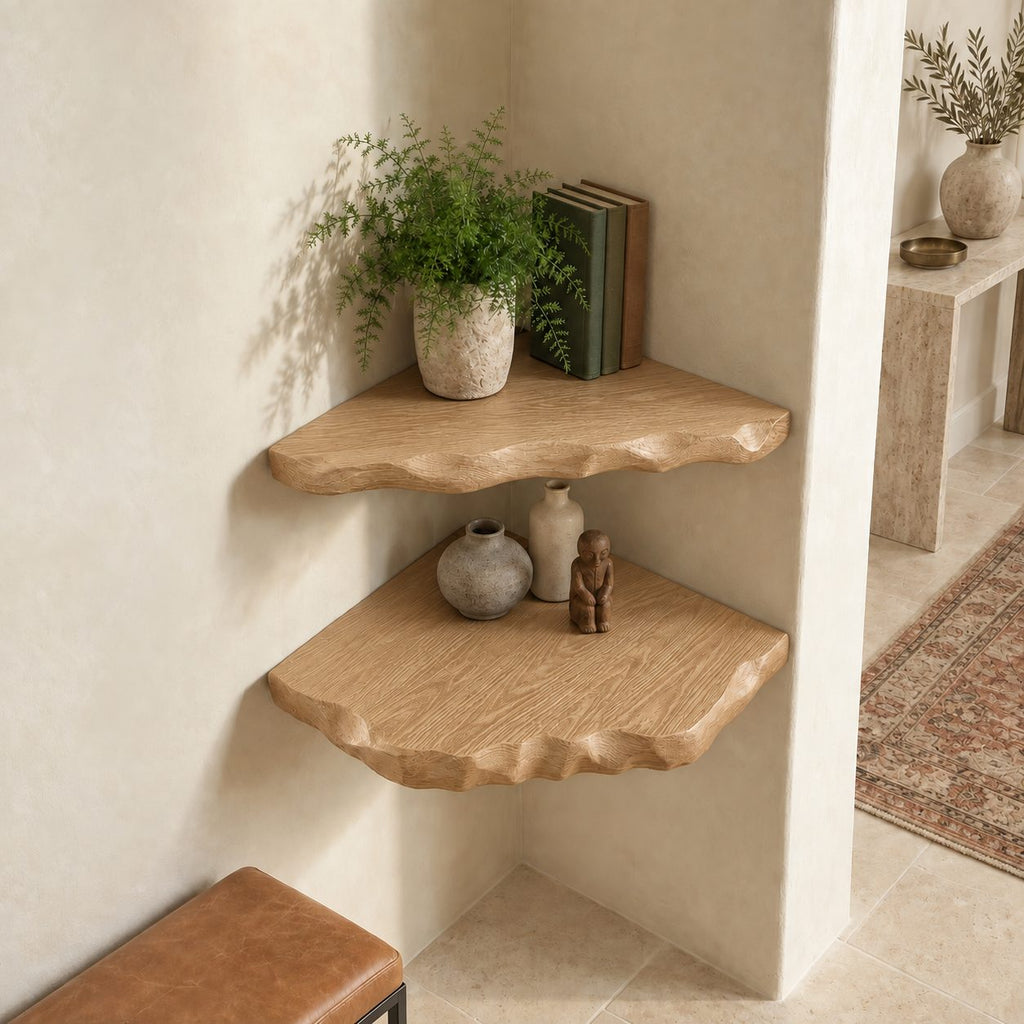 Corner Shelf with Hand Carved Scalloped Edge, Solid Wood Wall Mounted Floating Corner Shelf for Entryway