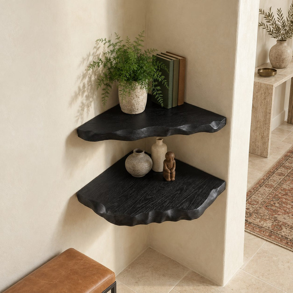 Corner Shelf with Hand Carved Scalloped Edge, Solid Wood Wall Mounted Floating Corner Shelf for Entryway