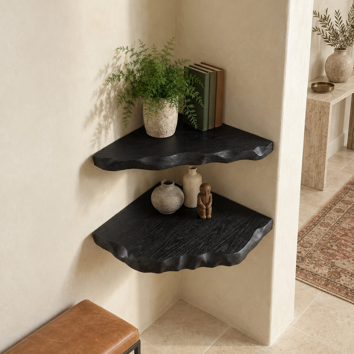 Corner Shelf with Hand Carved Scalloped Edge, Solid Wood Wall Mounted Floating Corner Shelf for Entryway