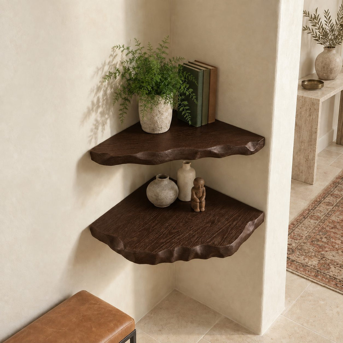Corner Shelf with Hand Carved Scalloped Edge, Solid Wood Wall Mounted Floating Corner Shelf for Entryway