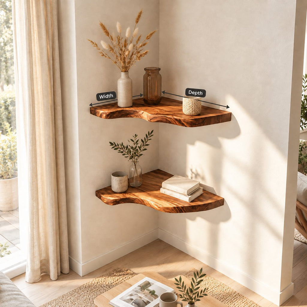 Sculptural Corner Floating Shelf, Solid Wood L Corner Shelf with Smooth Flowing Live Edge for Living Room