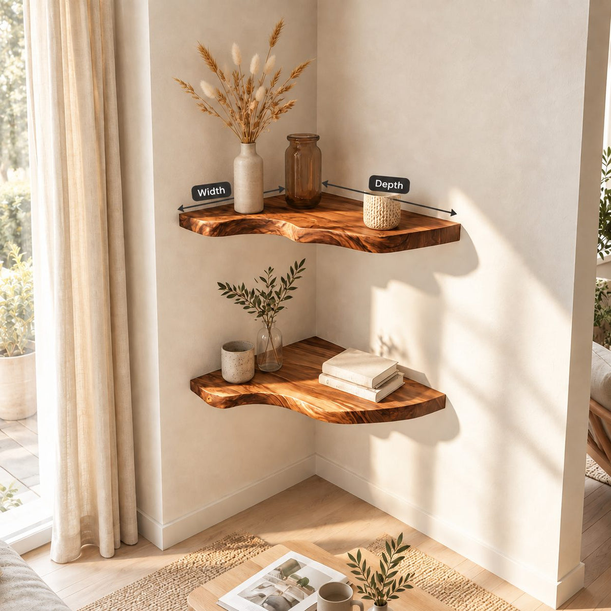 Sculptural Corner Floating Shelf, Solid Wood L Corner Shelf with Smooth Flowing Live Edge for Living Room