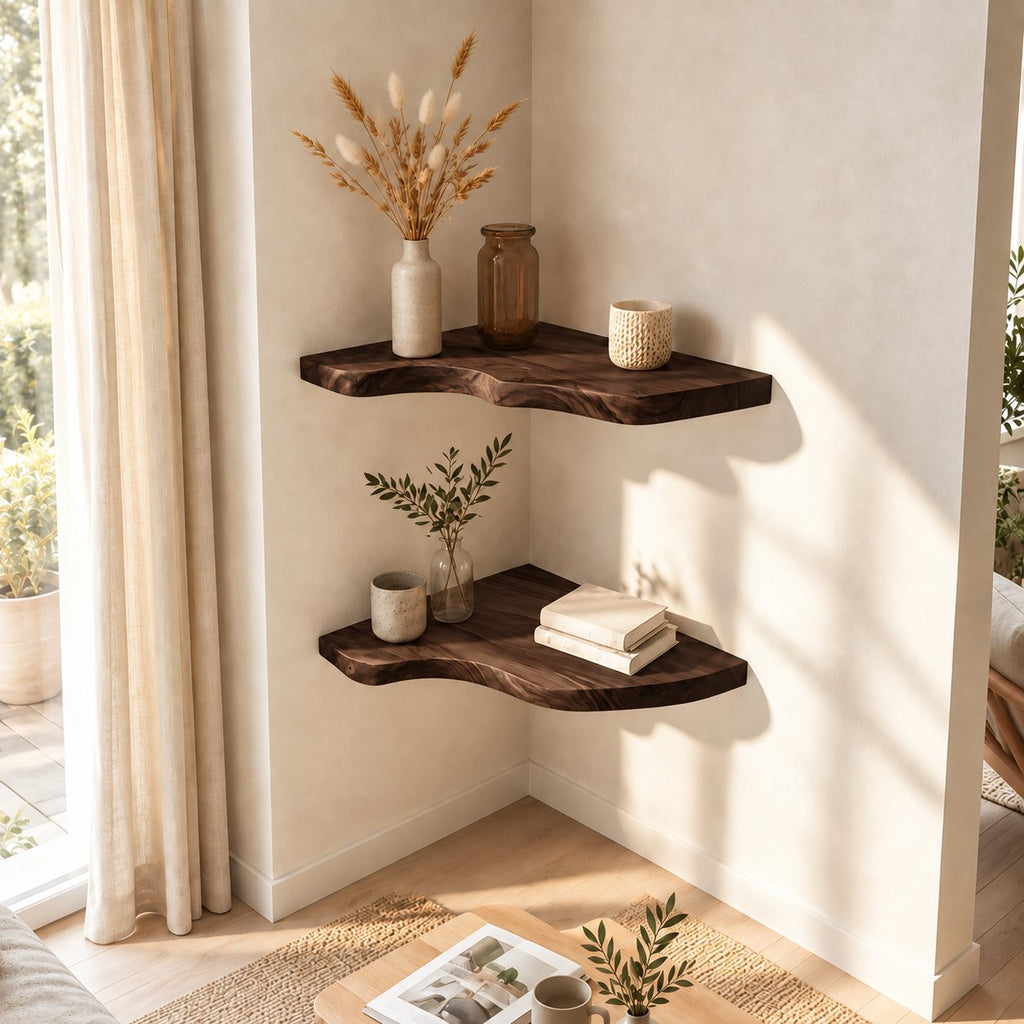 Sculptural Corner Floating Shelf, Solid Wood L Corner Shelf with Smooth Flowing Live Edge for Living Room