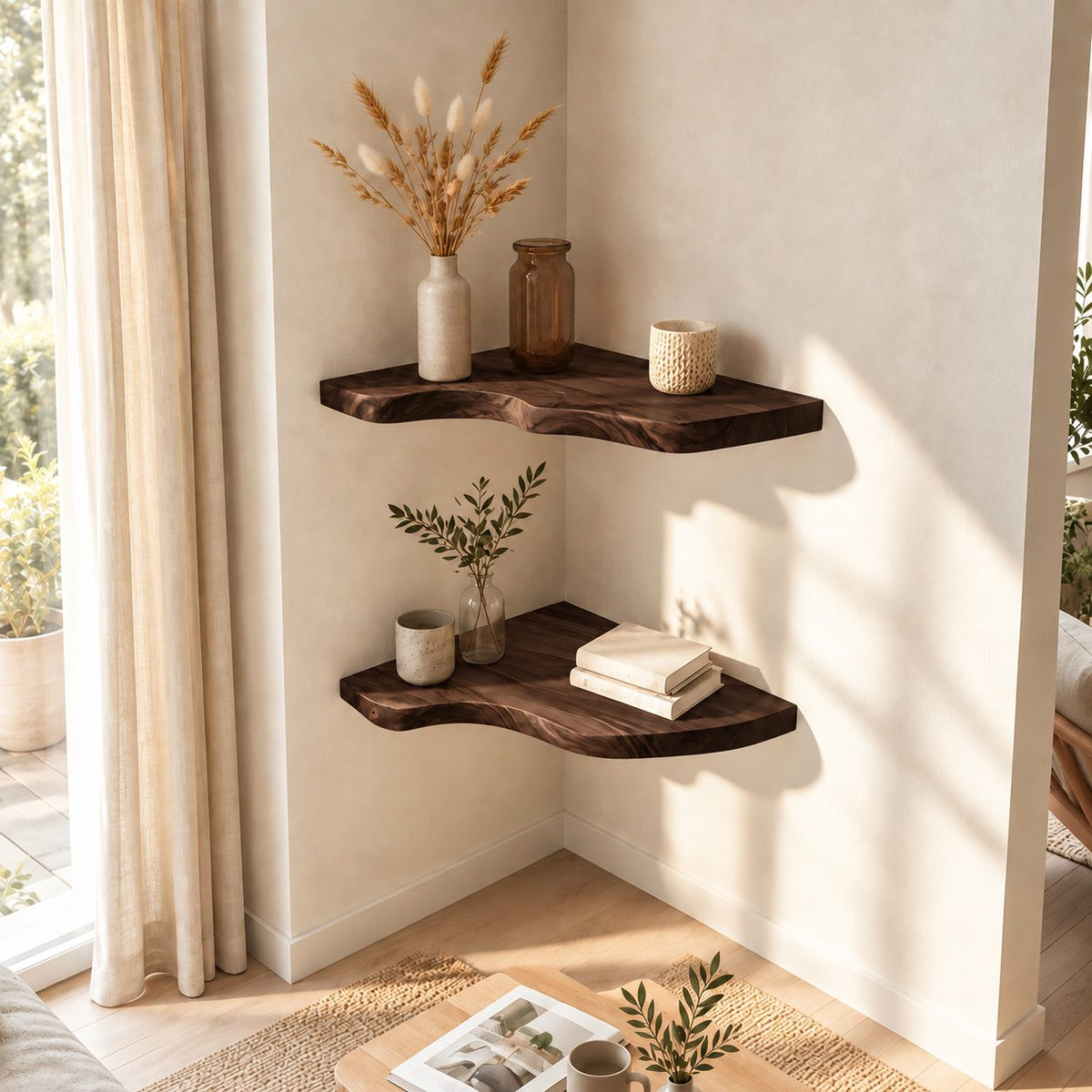 Sculptural Corner Floating Shelf, Solid Wood L Corner Shelf with Smooth Flowing Live Edge for Living Room