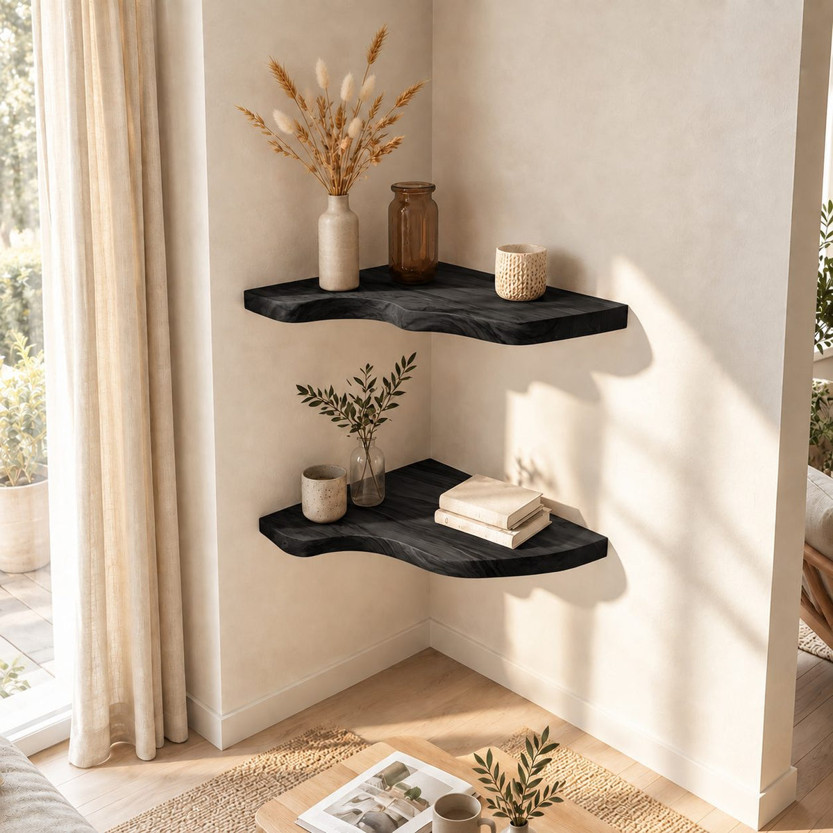 Sculptural Corner Floating Shelf, Solid Wood L Corner Shelf with Smooth Flowing Live Edge for Living Room