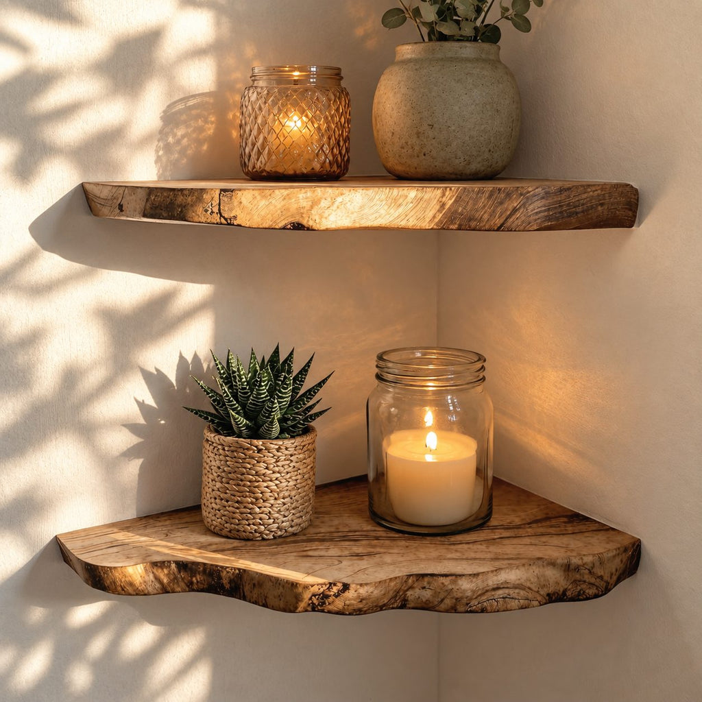 Wood Corner Floating Shelf, Slim Live Edge Solid Wood Corner Shelf with Natural Wavy Bark Line Edge
