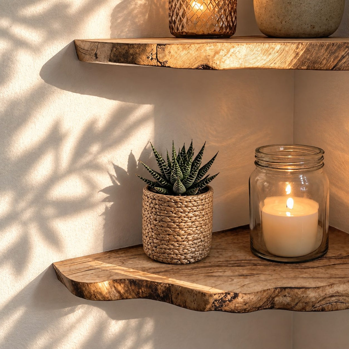 Wood Corner Floating Shelf, Slim Live Edge Solid Wood Corner Shelf with Natural Wavy Bark Line Edge