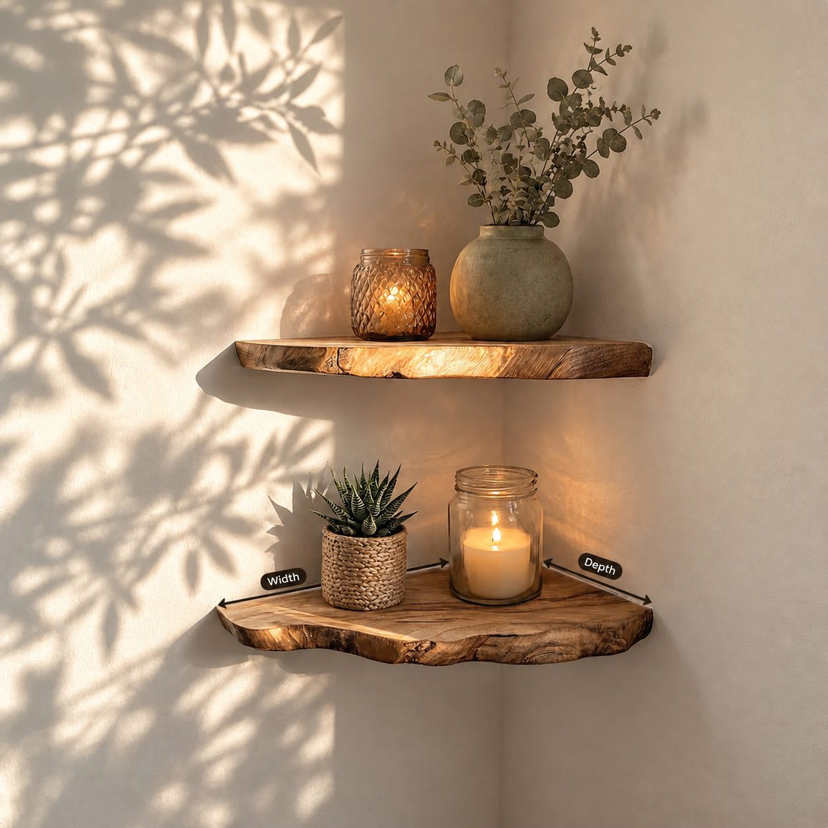 Wood Corner Floating Shelf, Slim Live Edge Solid Wood Corner Shelf with Natural Wavy Bark Line Edge
