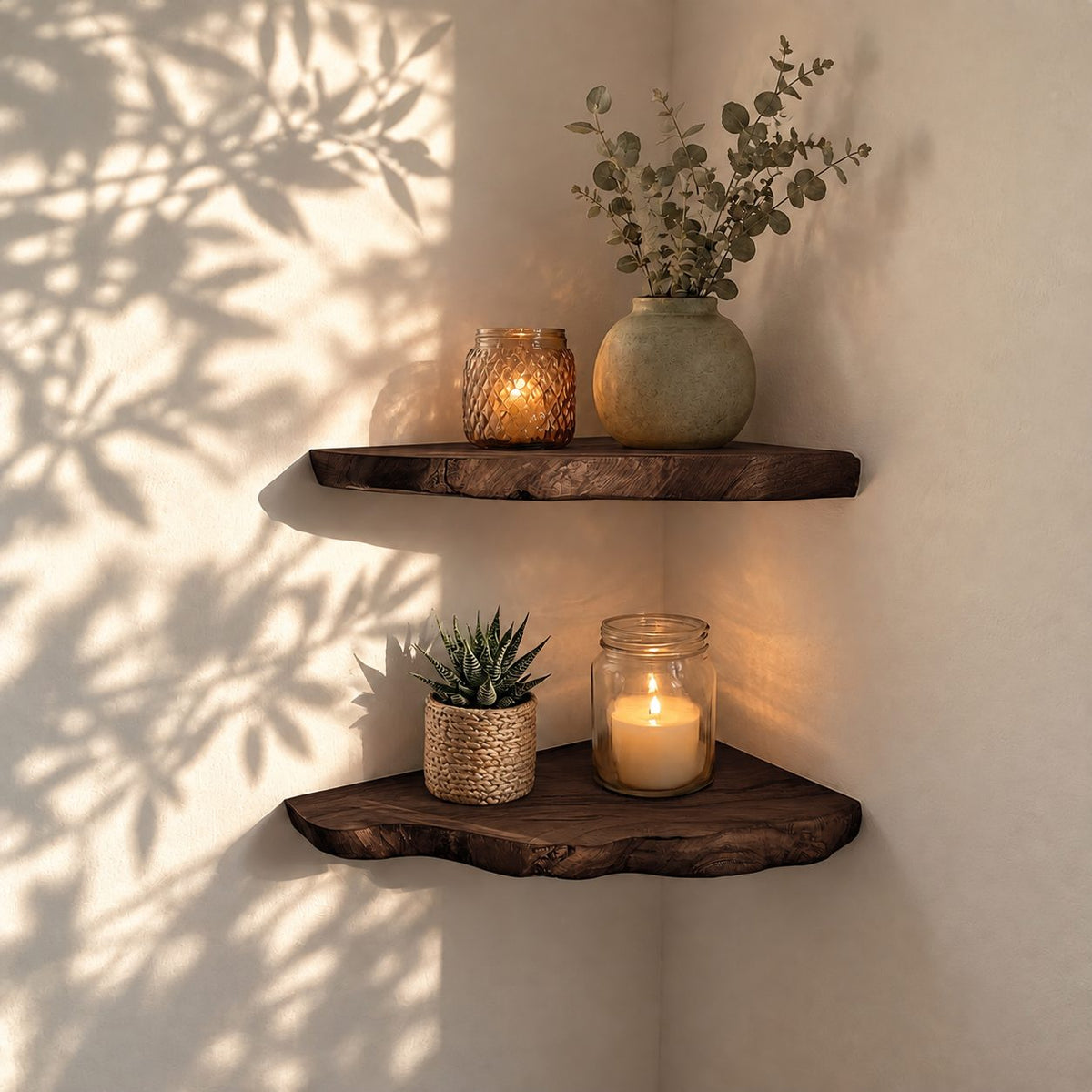Wood Corner Floating Shelf, Slim Live Edge Solid Wood Corner Shelf with Natural Wavy Bark Line Edge