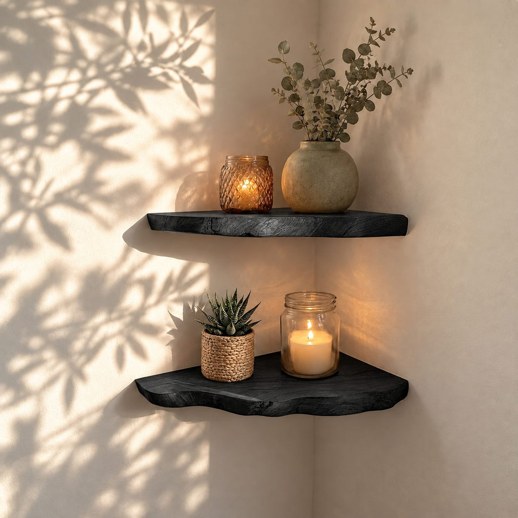 Wood Corner Floating Shelf, Slim Live Edge Solid Wood Corner Shelf with Natural Wavy Bark Line Edge