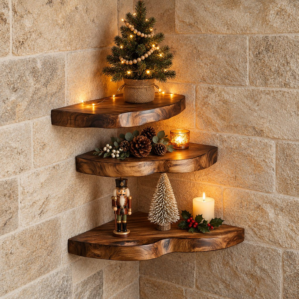 Chunky Corner Floating Shelf, Solid Wood Live Edge Corner Shelf with Rounded Wavy Front and Bold Grain