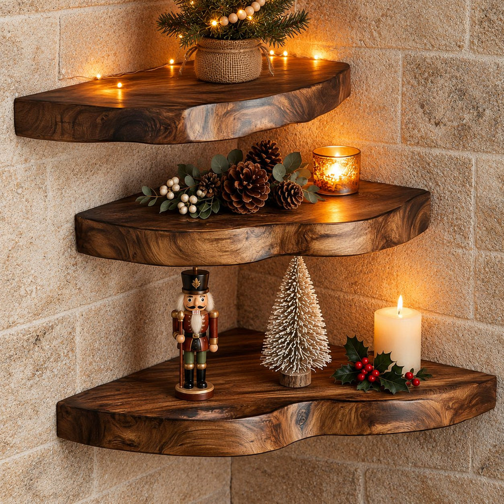 Chunky Corner Floating Shelf, Solid Wood Live Edge Corner Shelf with Rounded Wavy Front and Bold Grain
