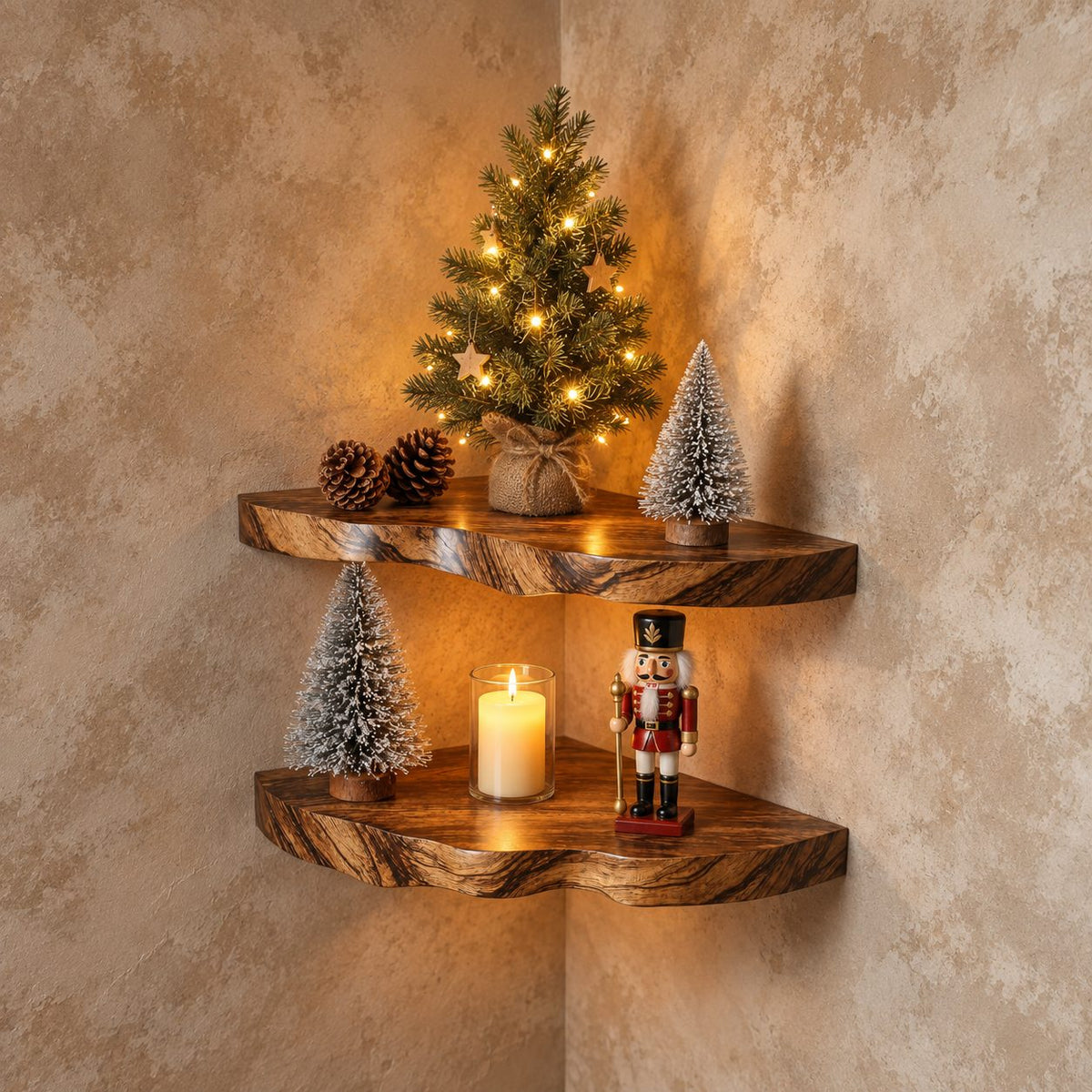 Chunky Corner Floating Shelf, Solid Wood Live Edge Corner Shelf with Rounded Wavy Front and Bold Grain