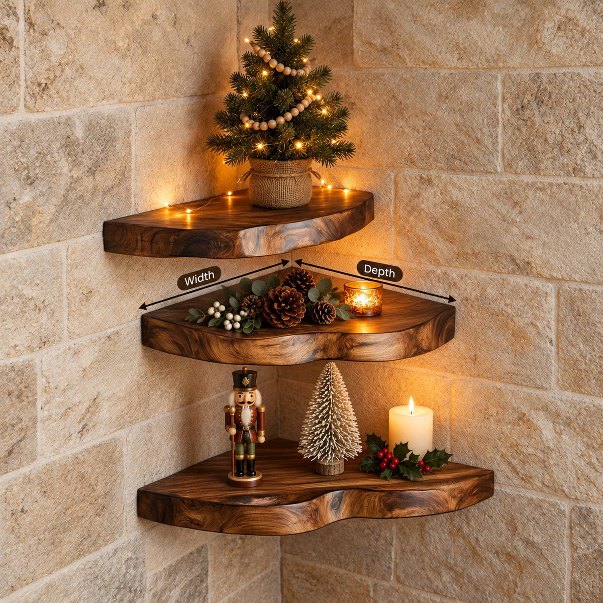 Chunky Corner Floating Shelf, Solid Wood Live Edge Corner Shelf with Rounded Wavy Front and Bold Grain