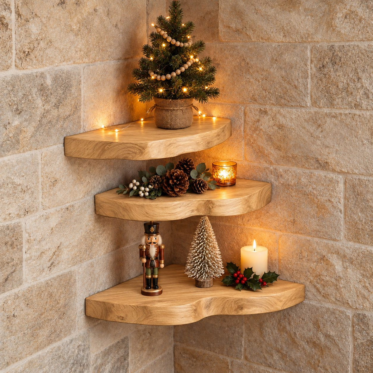 Chunky Corner Floating Shelf, Solid Wood Live Edge Corner Shelf with Rounded Wavy Front and Bold Grain