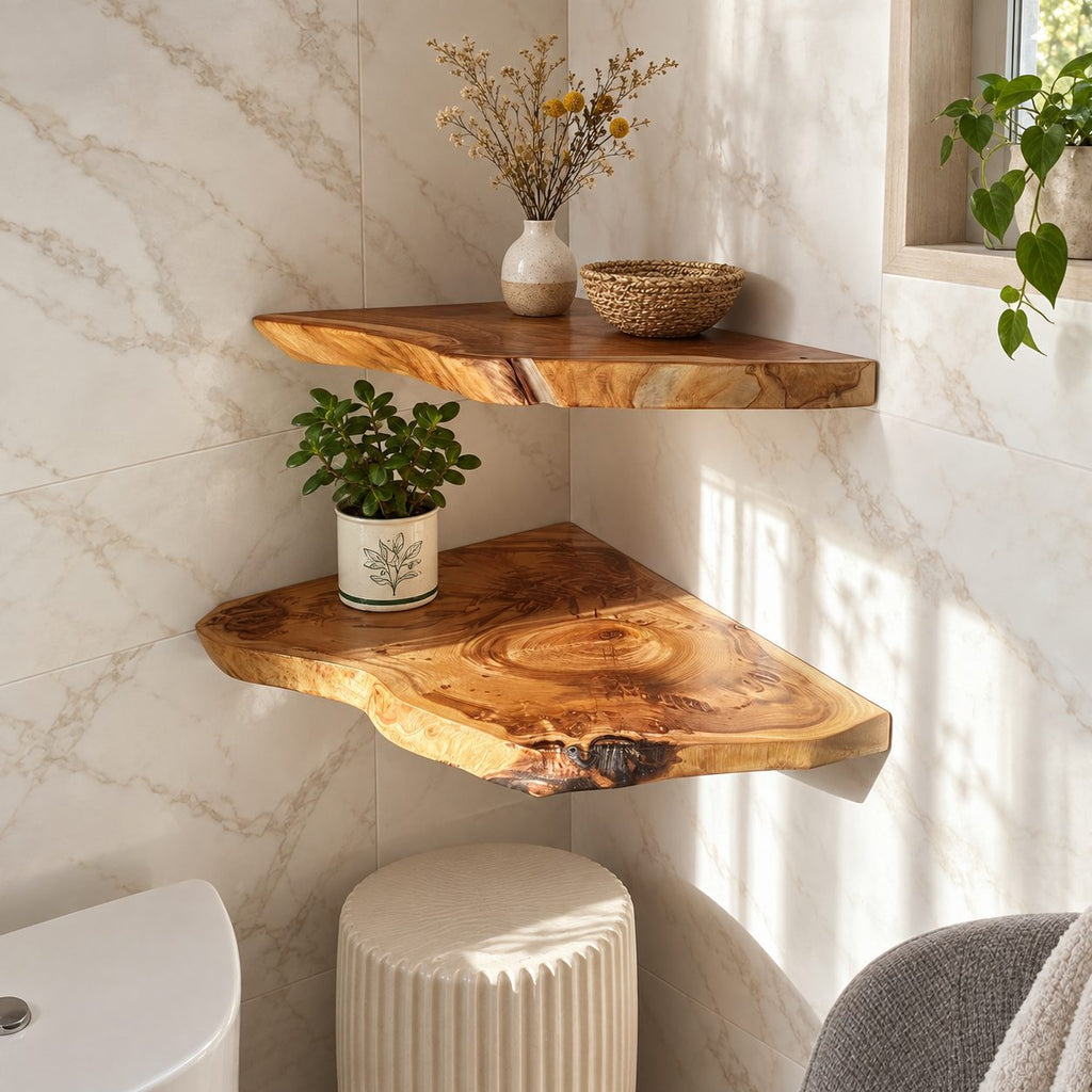 Live Edge Floating Corner Shelf, Solid Wood Bathroom Corner Shelf with Irregular Edge and Growth Rings