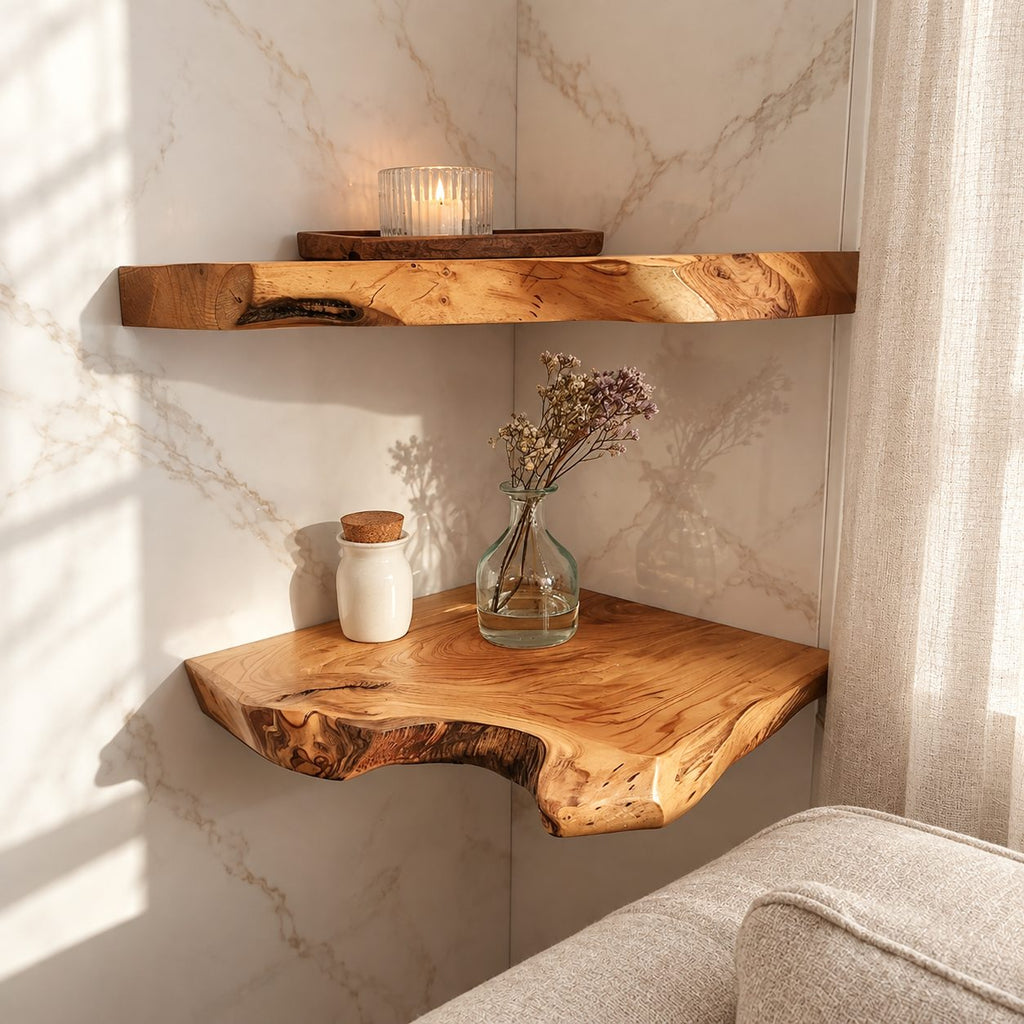Live Edge Floating Corner Shelf, Solid Wood Bathroom Corner Shelf with Irregular Edge and Growth Rings