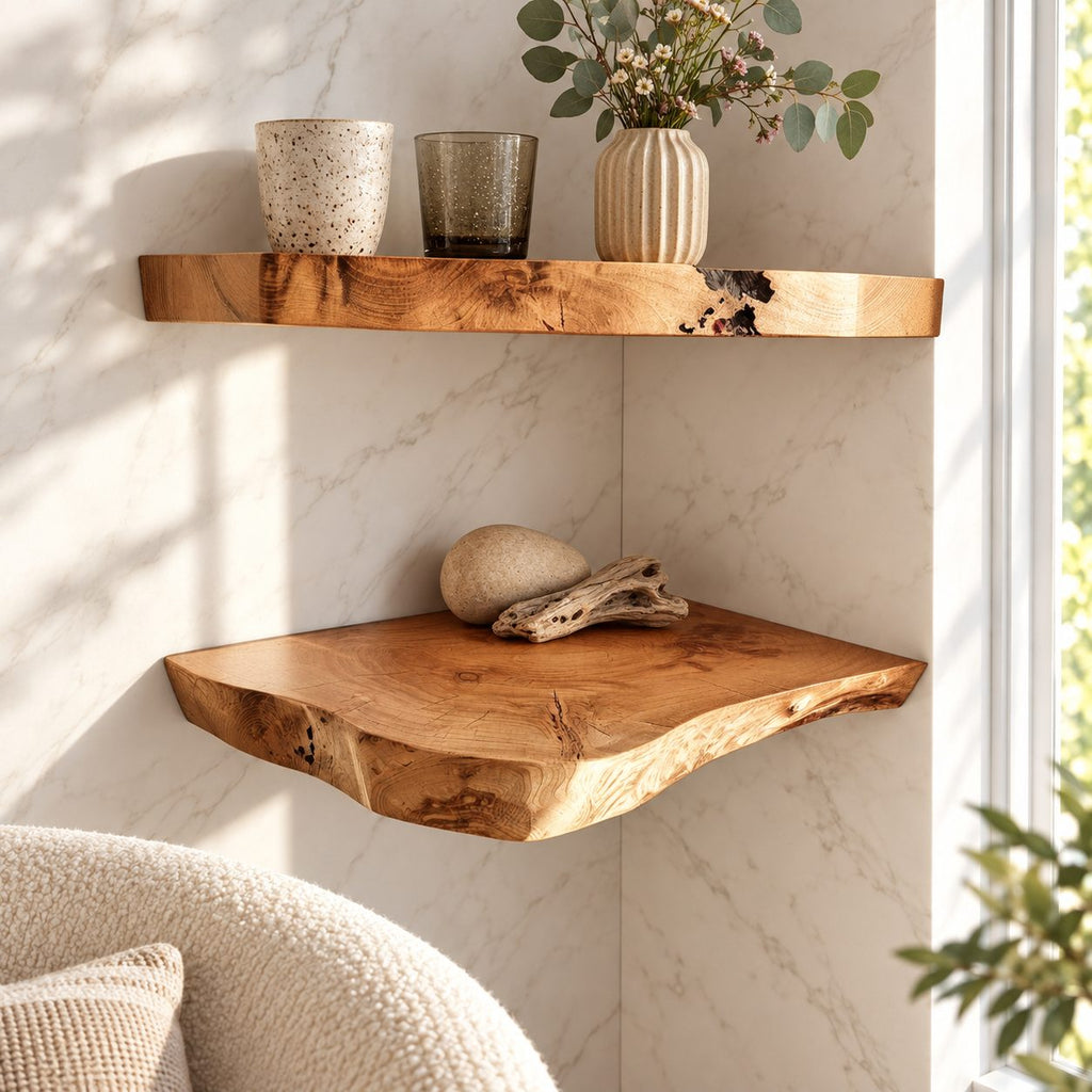 Live Edge Floating Corner Shelf, Solid Wood Bathroom Corner Shelf with Irregular Edge and Growth Rings