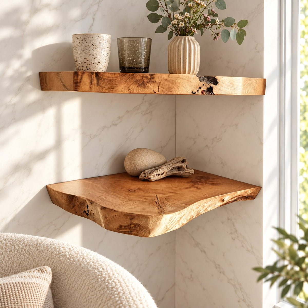 Live Edge Floating Corner Shelf, Solid Wood Bathroom Corner Shelf with Irregular Edge and Growth Rings