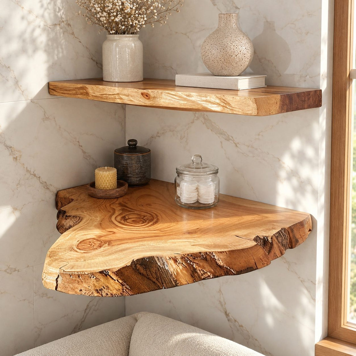 Live Edge Floating Corner Shelf, Solid Wood Bathroom Corner Shelf with Irregular Edge and Growth Rings