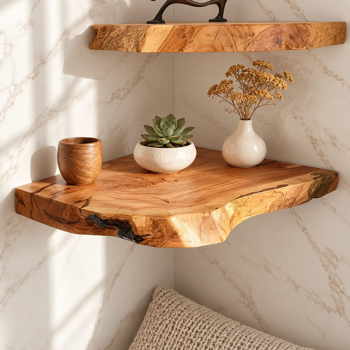 Live Edge Floating Corner Shelf, Solid Wood Bathroom Corner Shelf with Irregular Edge and Growth Rings