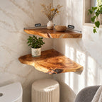 Live Edge Floating Corner Shelf, Solid Wood Bathroom Corner Shelf with Irregular Edge and Growth Rings